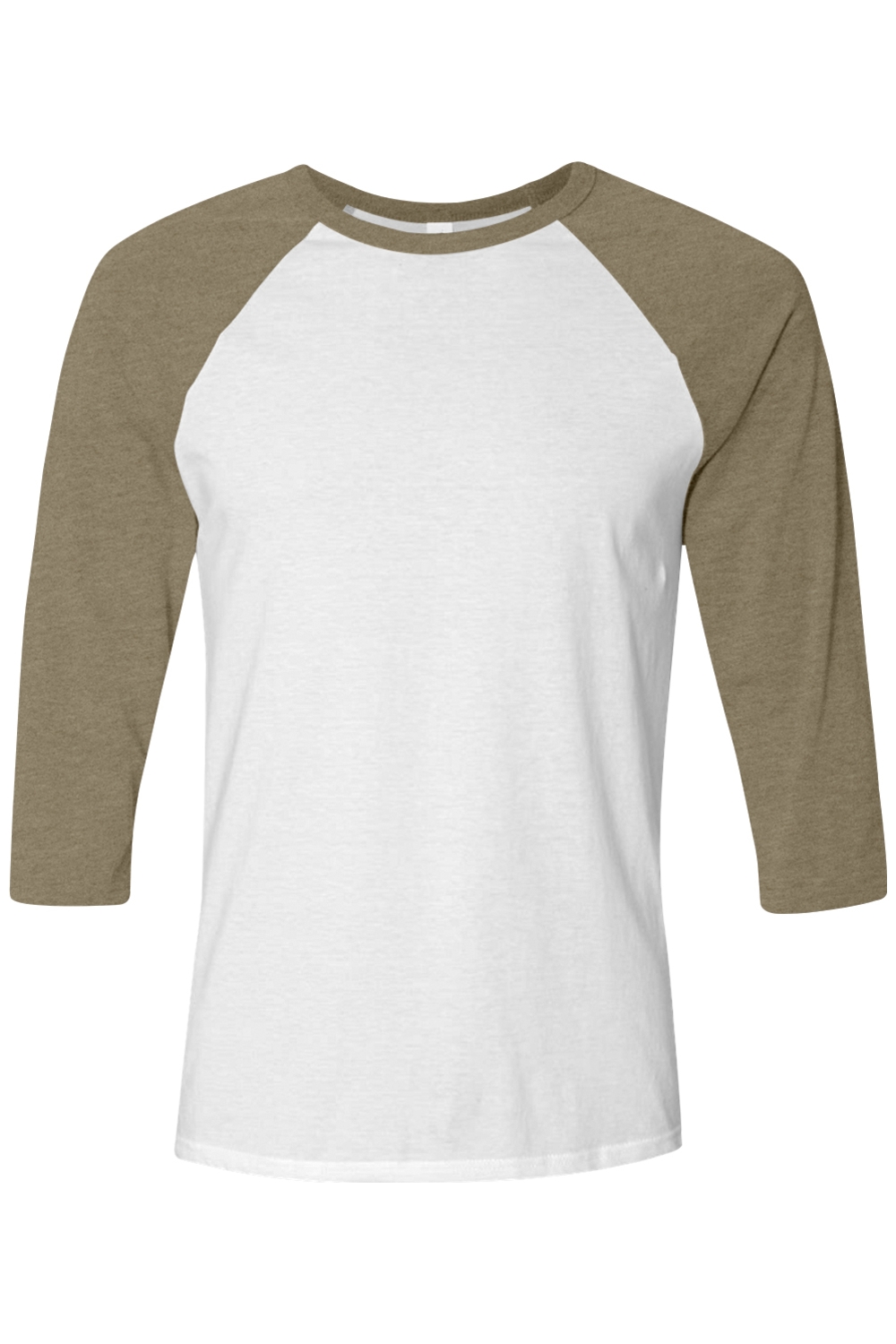 BELLA + CANVAS Unisex Three-Quarter Sleeve Baseball Tee in White/ Heather Olive
