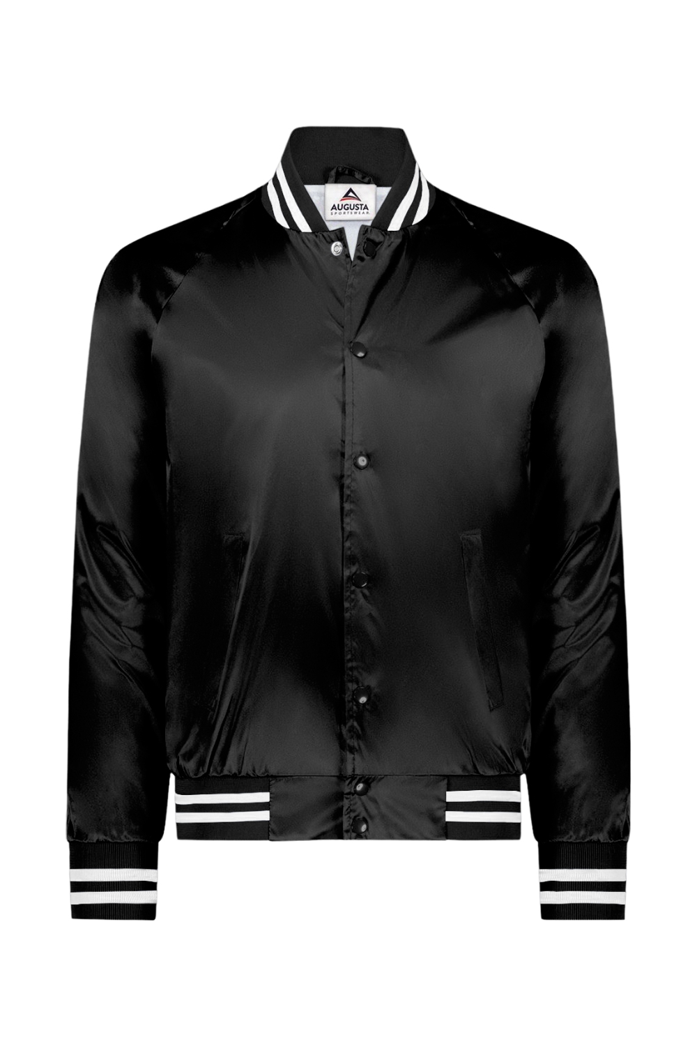 Augusta Sportswear Satin Baseball Jacket Striped Trim in Black/ White