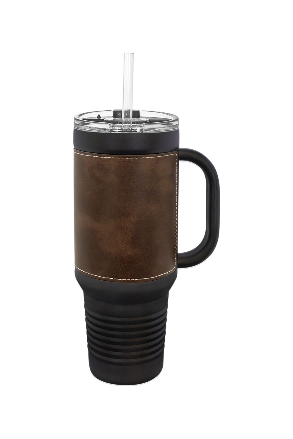 40 oz. Black Leatherette Travel Mug with Handle & Straw