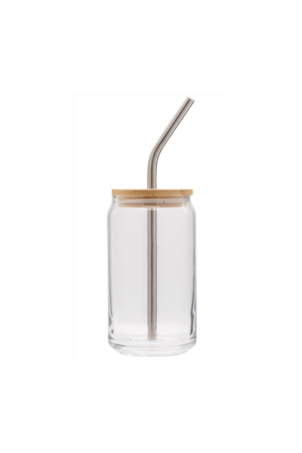Soda Glass Can with Bamboo Lid and Straw in Clear