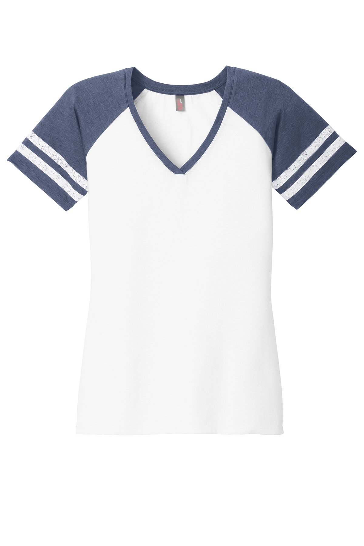 District Women’s Game V-Neck Tee in White/ Heathered True Navy