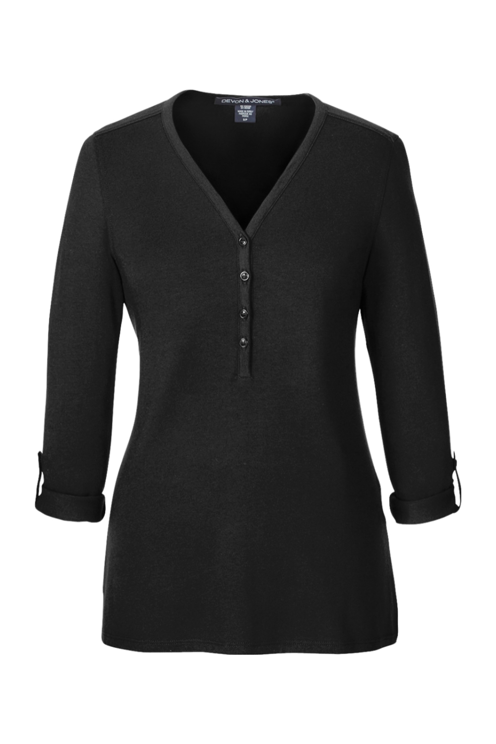 Devon & Jones Ladies' Perfect Fit™ Y-Placket Convertible Sleeve Knit Top in Black