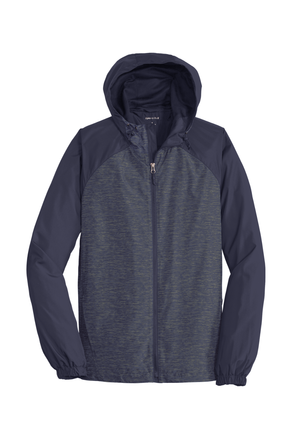 Sport-Tek Heather Colorblock Raglan Hooded Wind Jacket in True Navy Heather/ True Navy