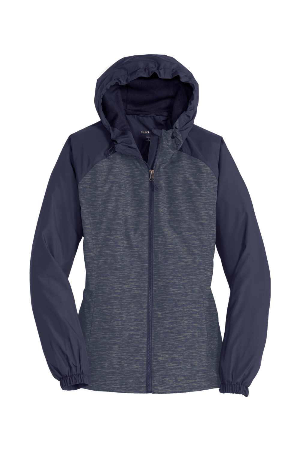 Sport-Tek® Ladies Heather Colorblock Raglan Hooded Wind Jacket in True Navy Heather/ True Navy