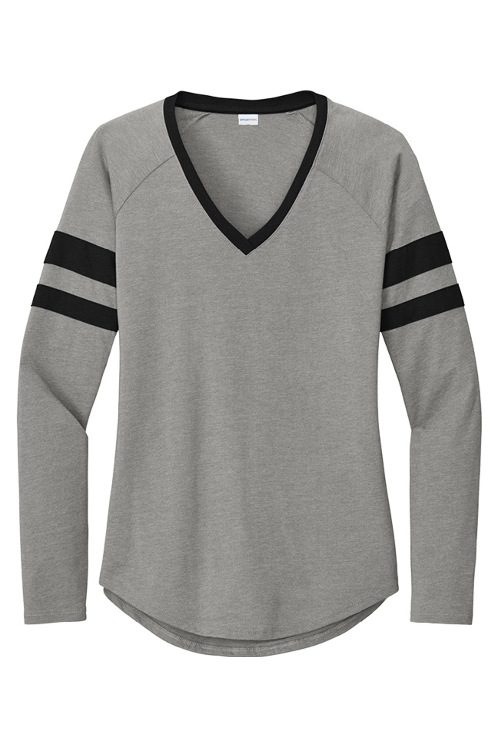 Sport-Tek Ladies Halftime Stripe Long Sleeve V-Neck Tee in Black/ Vintage Heather