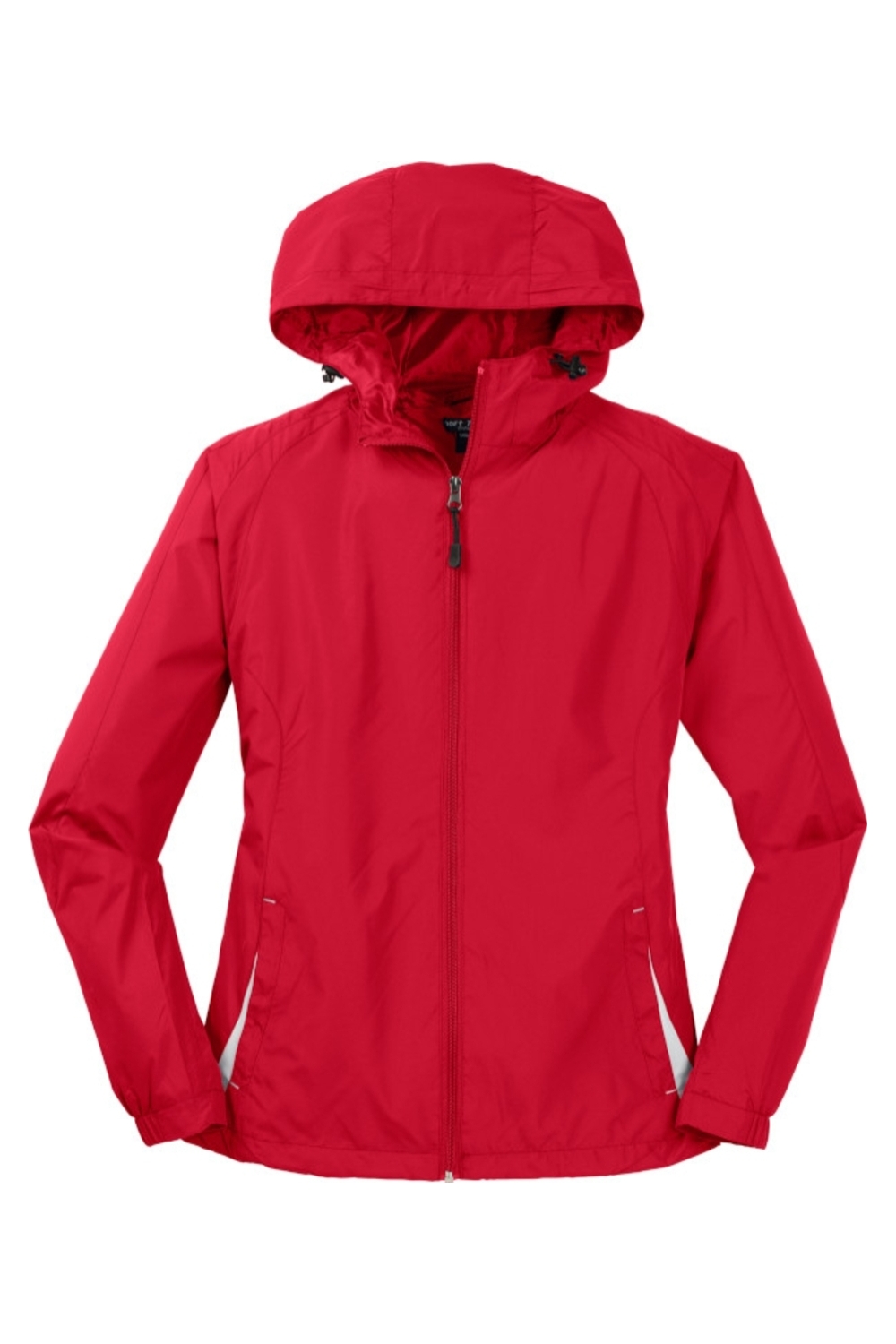 Sport-Tek Ladies Colorblock Hooded Raglan Jacket in True Red/ White