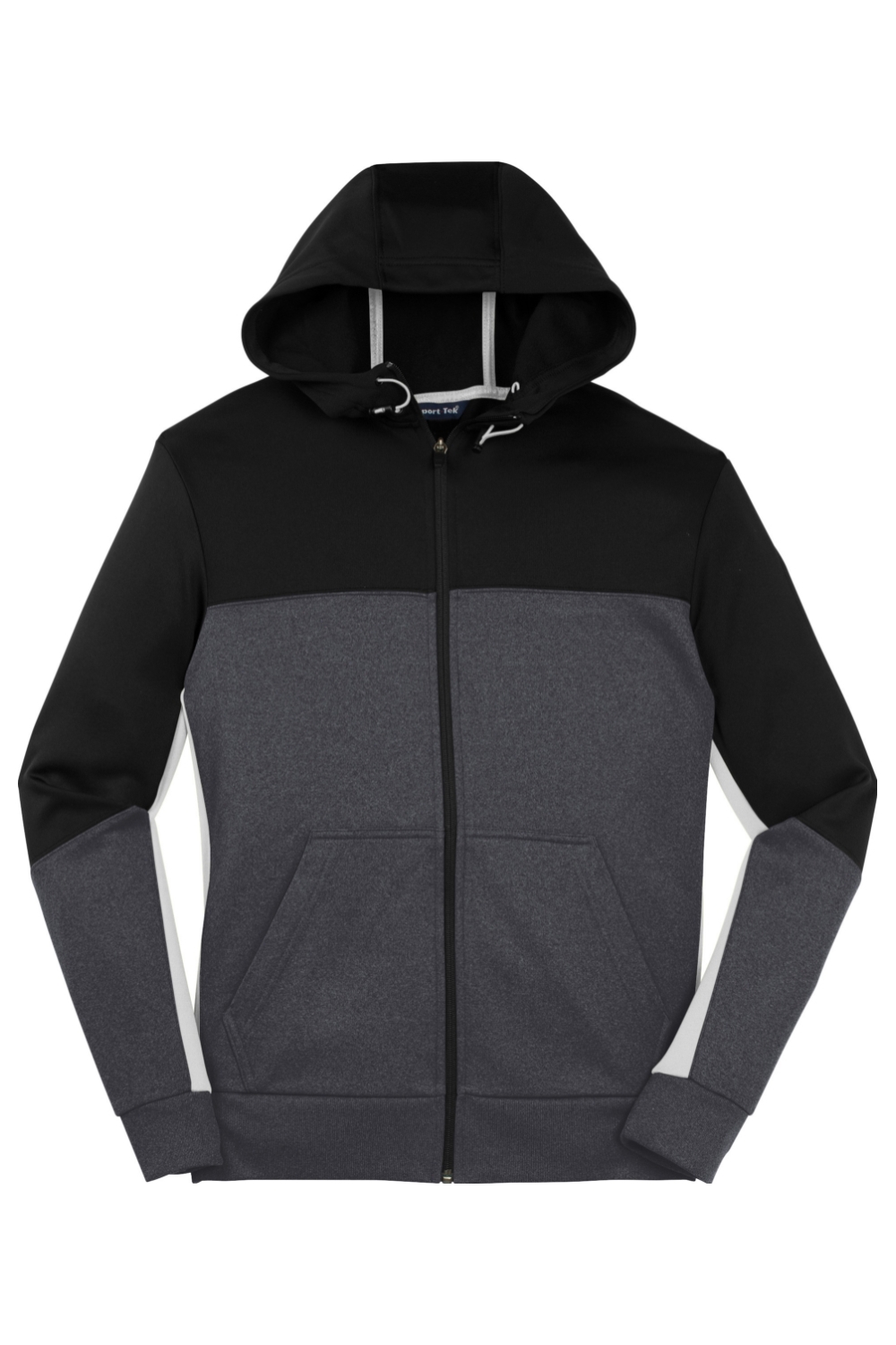 Sport-Tek® Tech Fleece Colorblock Full-Zip Hooded Jacket (Discontinued/while supplies last) in Black/ Graphite Heather/ White