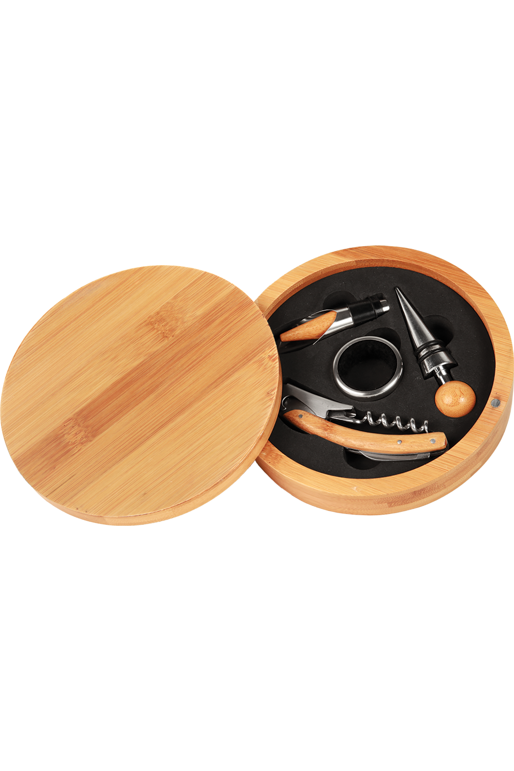 6 1/4" Round Bamboo 4-Piece Wine Tool Set