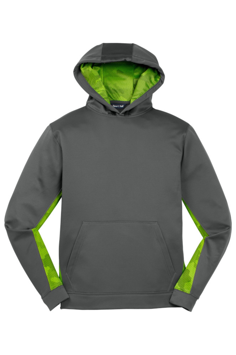 Sport-Tek® Youth Sport-Wick® CamoHex Fleece Colorblock Hooded Pullover in Dark Smoke Grey/ Lime Shock